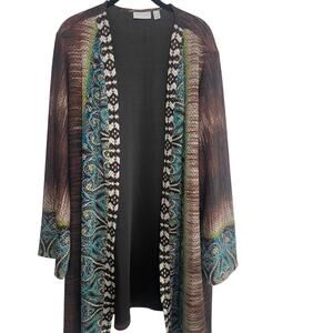 Susan Graver Printed Novelty Knit Cardigan Women's 2X Vibrant Teal Brown White